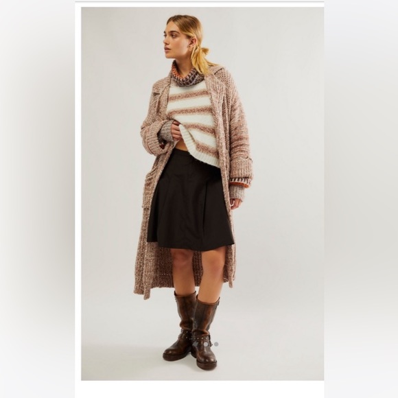 Free People Maxi Marl Cardi Knit Patch Pockets Exaggerated Sleeves Tan Mushroom